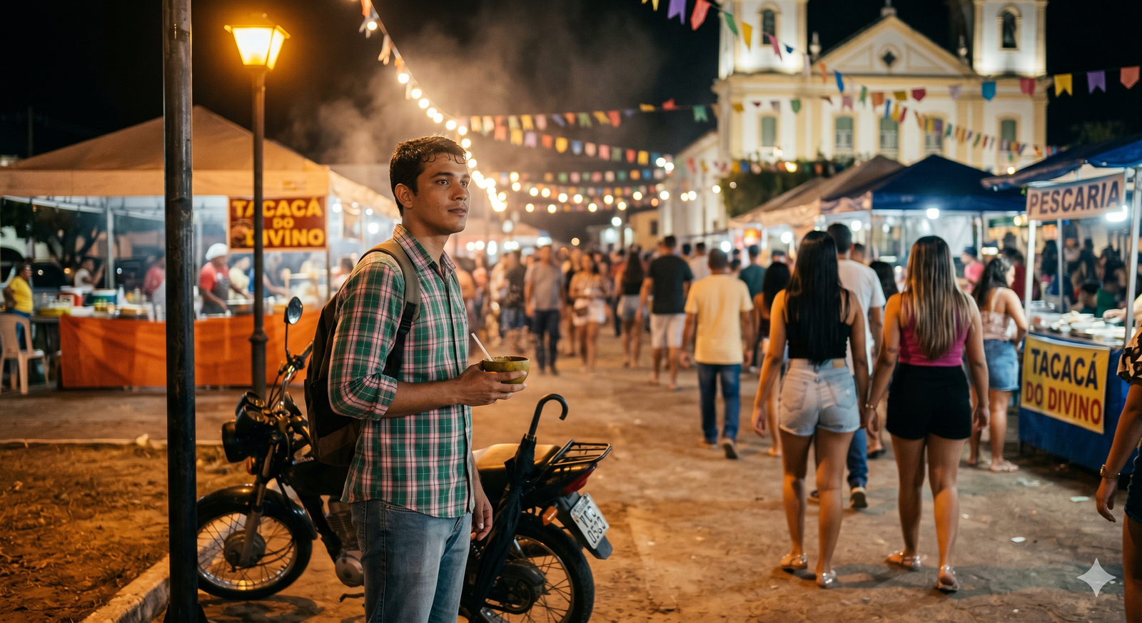 Uma fotografia colorida com luzes quentes e noturnas que captura o clima vibrante e cheio de gente da Festa do Divino, em uma cidade do interior no Nordeste ou Norte do Brasil. No centro da imagem, um jovem brasileiro de pele morena clara, vestido com uma camisa de botões xadrez em tons de verde e rosa e calça jeans clara, está parado e olhando para a direita com uma expressão esperançosa e ansiosa, como se procurasse alguém na multidão. Ele carrega uma mochila nas costas e segura uma cuia de Tacacá quente na mão esquerda. Ao lado dele, estacionada sob a luz amarela de um poste de metal, está sua motocicleta preta, com um guarda-chuva preto e fechado pendurado no guidão. Atrás dele, a rua de terra está cheia de barracas de comida iluminadas com lâmpadas quentes, com banners que dizem "TACACÁ DO DIVINO" e uma placa de "PESCARIA". A rua é decorada com bandeirinhas coloridas de festa junina, estendidas entre os postes de luz. Ao fundo, uma igreja católica histórica e imponente, com uma fachada branca e amarela bem iluminada, domina a cena sob o céu escuro da noite. Muitas pessoas, vestindo roupas de festa casuais, como shorts e camisetas, estão caminhando e passeando pela rua, mas a imagem foca no jovem e na sua expressão, enquanto as outras pessoas e os detalhes do fundo ficam suavemente borrados, criando uma sensação de isolamento e busca no meio da multidão festiva. A imagem tem uma textura granulada, como se tivesse sido tirada com filme fotográfico, o que a torna realista e autêntica.